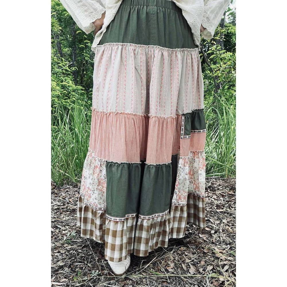 NEW EASEL patchwork tiered ruffle maxi skirt in olive - Picture 2 of 3